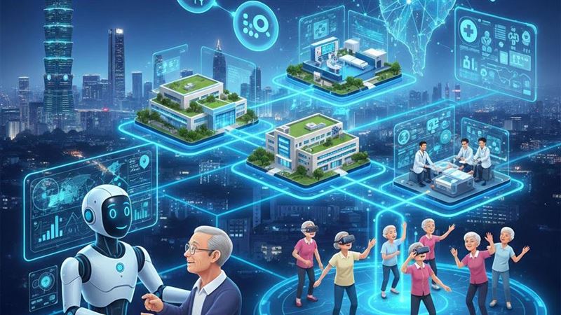 台灣生醫業者加速數位轉型布局大健康市場。世紀民生推動 AI 長照 3.0 生態系；耀勝攜手強生製藥開拓安全醫材市場並打入美商供應鏈。鼎晉長效肉毒啟動三期試驗力拚 2026 年底前解盲；騰勢則憑藉數據化管理與多品牌策略，衝刺明年上半年掛牌，展現強勁成長力道。（AI製圖）