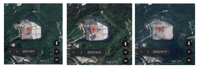 台中市大里掩埋場打包垃圾在2021年到2022年由土石覆蓋的情況。（圖／翻攝自Google Earth）