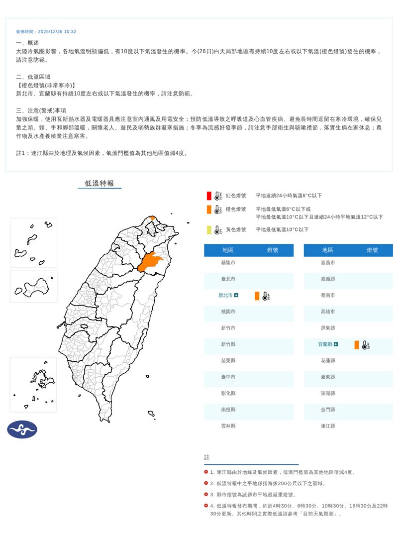 中央氣象署針對新北市、宜蘭縣發布低溫特報。（圖／翻攝自中央氣象署）