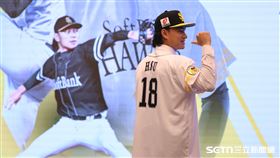 徐若熙加盟日職軟銀鷹記者會，徐若熙穿軟銀球衣獨照。（圖／記者劉彥池攝影）