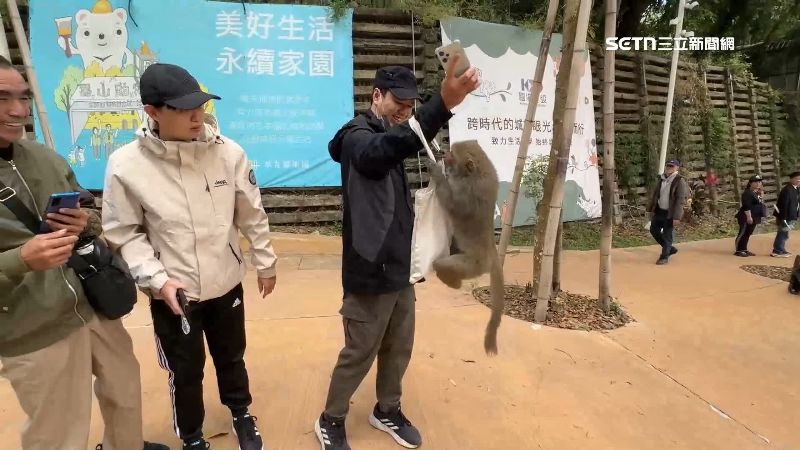 獼猴抓著民眾的袋子不放