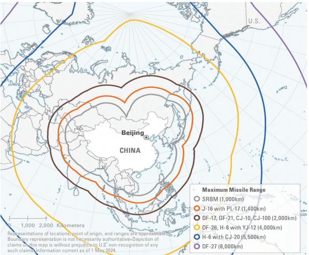 美國戰爭部指出，中國的部分洲際飛彈已可打到海外美軍基地，不排除用於干擾美軍在亞太地區衝突中的部署。（圖／翻攝自美國戰爭部）