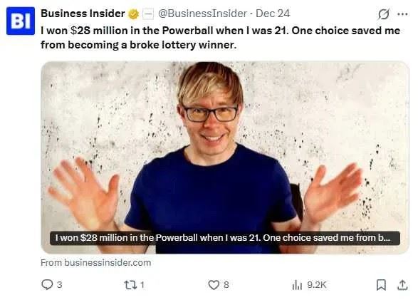 舒爾茲（Tim Schultz）21歲中得2800萬美元樂透，第一時間諮詢理財專家，成功守住鉅額財富。（圖／翻攝自X@BusinessInsider）