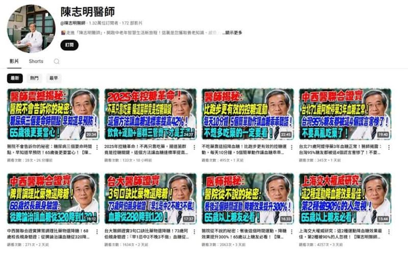 以「陳志明」在YouTube平台搜尋，可發現此頻道製作多部有關血糖控制的衛教影片，風格一致，均由「陳志明」醫師講解成功案例，並搭配大量AI生成圖示。（圖／翻攝自台灣事實查核中心）