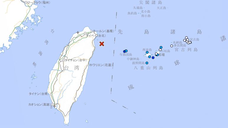 今天(27日)晚間23:05，在台灣東部海域（宜蘭縣政府東方32.3公里處）發生規模7.0的強震。(圖／取自日本氣象廳網站）