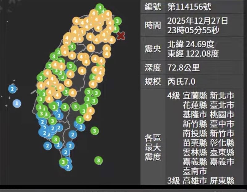 23:05宜蘭發生7.0強震（圖／翻攝畫面）