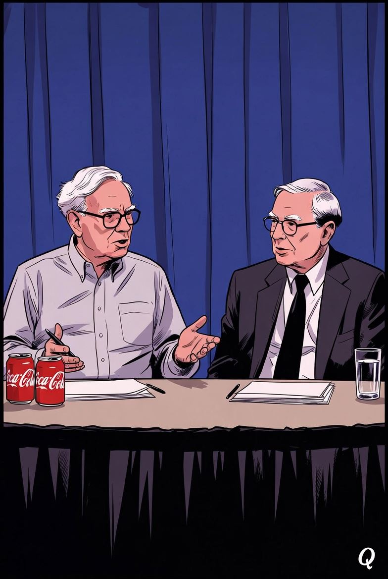 巴菲特（左）投資眼光產生質變的關鍵，是來自與副董事長蒙格（右）的長期合作。蒙格主張，與其一味撿便宜，不如以合理價格投資具備長期競爭優勢的優秀企業。（圖／AI製成）