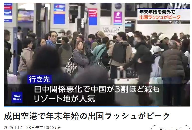 日媒報導，日本人年末出國飛中國人數少約3成，但台灣很受歡迎。（圖／翻攝自NHKnews）