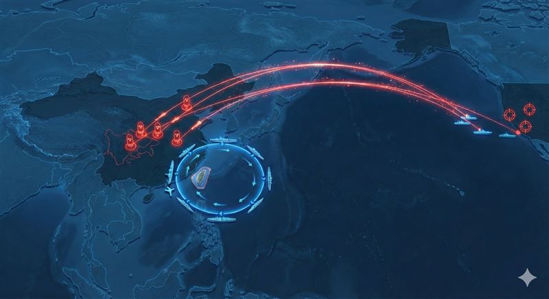 中共解放軍啟動正義使命2025圍台軍演，但根據美方戰爭部的報告內容顯示，共軍軍力快速進展並擴張核武，目標是要能戰勝美軍。（圖／AI製圖）