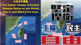  國防部在解放軍演示意圖，放上「堅定捍衛」、「主權」、「民主」、「自由」等關鍵字反擊中國（組合圖／翻攝畫面）