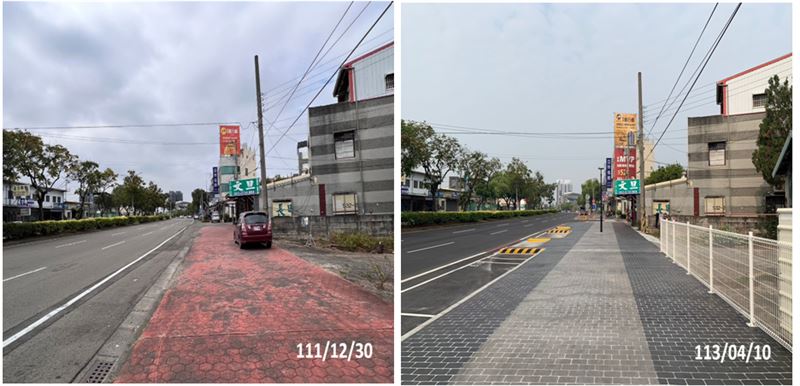 改善前後的對比圖，明顯能看出人行道拓寬，路面平整，減少占用問題，並且規劃加入停車格，市容更加簡潔。（圖／斗六市公所提供）