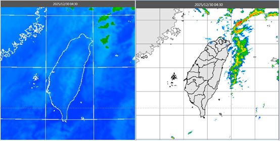 今晨4:30紅外線雲圖顯示，東半部外海有低雲(左)。雷達回波合成圖顯示，其所伴隨的降水回波亦在海上(右)