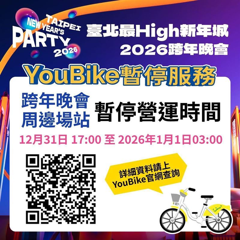「2026台北最HIGH新年城」跨年晚會將於2025年12月31日晚間在台北市政府前市民廣場登場，屆時周邊Youbike暫停租借。（圖／交通局提供）