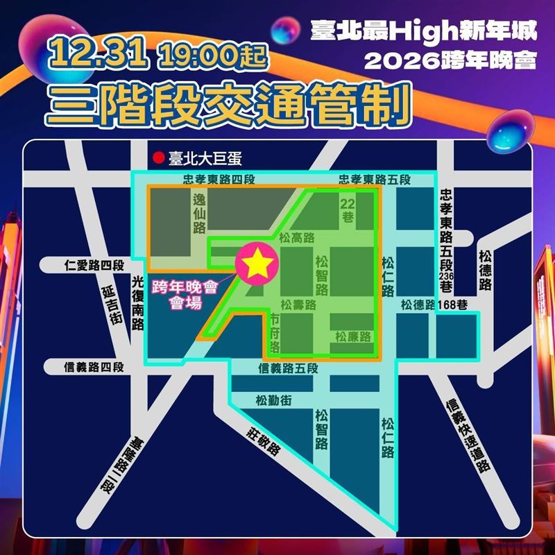 「2026台北最HIGH新年城」跨年晚會將於2025年12月31日晚間在台北市政府前市民廣場登場，19時進行交通管制範圍。（圖／交通局提供）