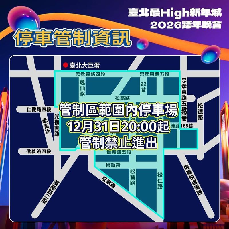 「2026台北最HIGH新年城」跨年晚會將於2025年12月31日晚間在台北市政府前市民廣場登場，停車管制資訊。（圖／交通局提供）