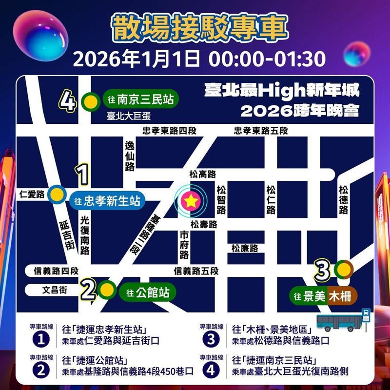 跨年結束後散場接駁車，讓民眾不須這麼擁擠。（圖／交通局提供）