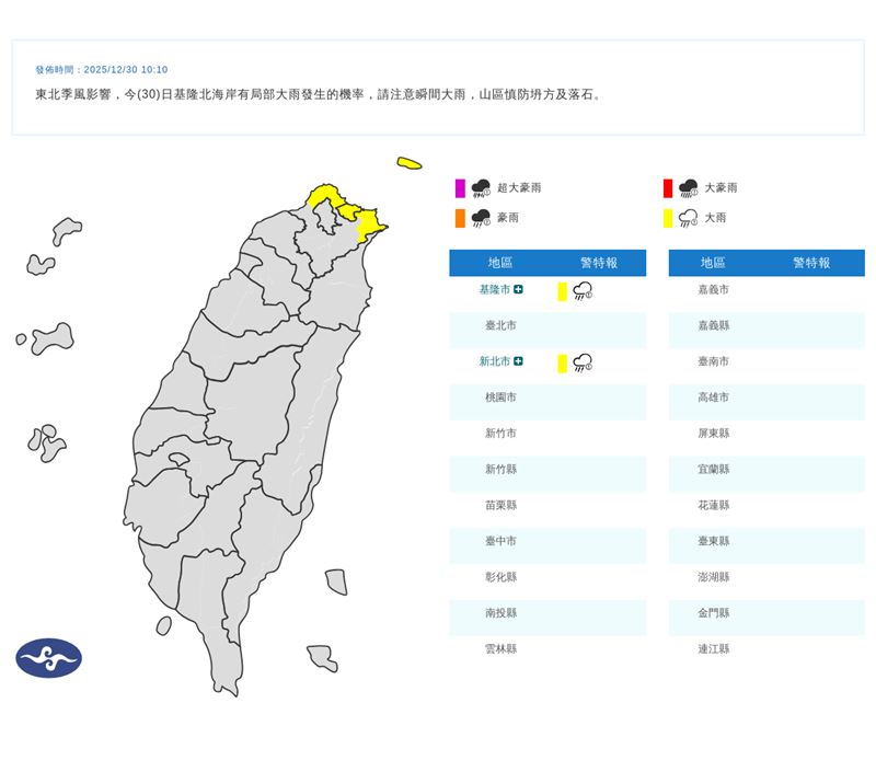 中央氣象署在今（30）天10:10發布大雨特報。（圖／翻攝自氣象署）