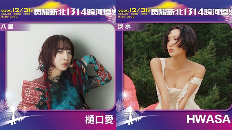 「閃耀新北1314跨河煙火」淡水場由韓流天后 HWASA 壓軸，八里場則請來《進擊的巨人》神曲歌姬樋口愛坐鎮。（圖／翻攝自新北市文化局臉書）