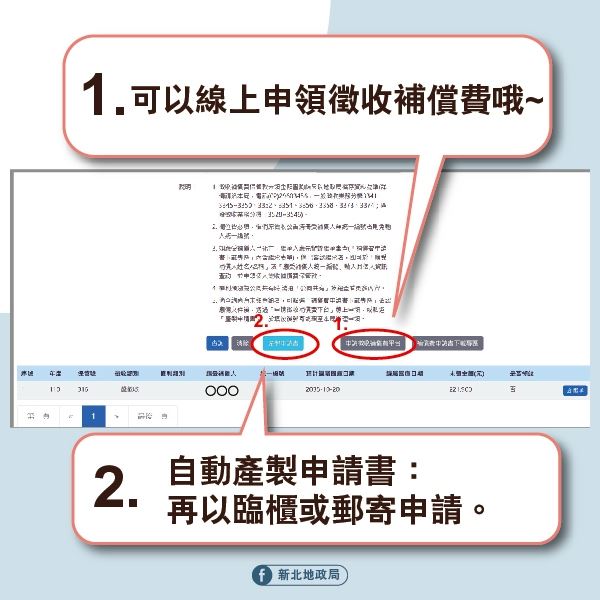 新北市地政局一站式查詢網站，若查詢到徵收補償費未領，可一鍵申辦補領。（圖／新北地政局提供）