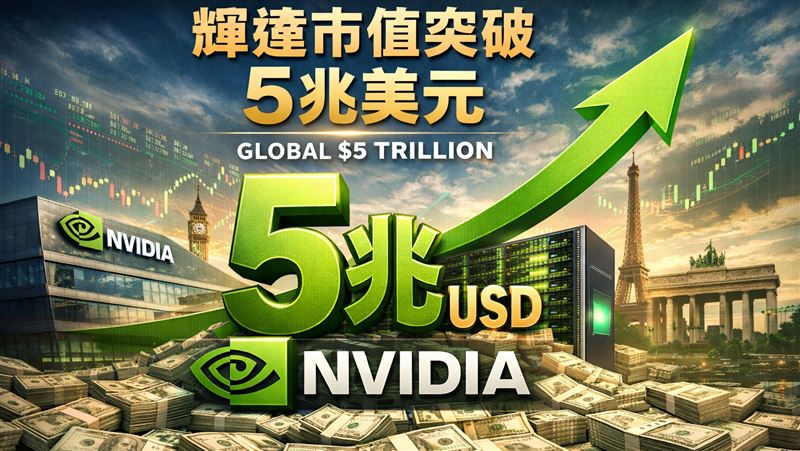 2025年10月底，全球資本市場見證歷史性一刻，「全球股王」輝達市值一舉衝破5兆美元大關，成爲全球首家達成這一里程碑的企業。輝達市值從4兆美元躍升至5兆美元僅用時113天。（示意圖/ AI製圖）