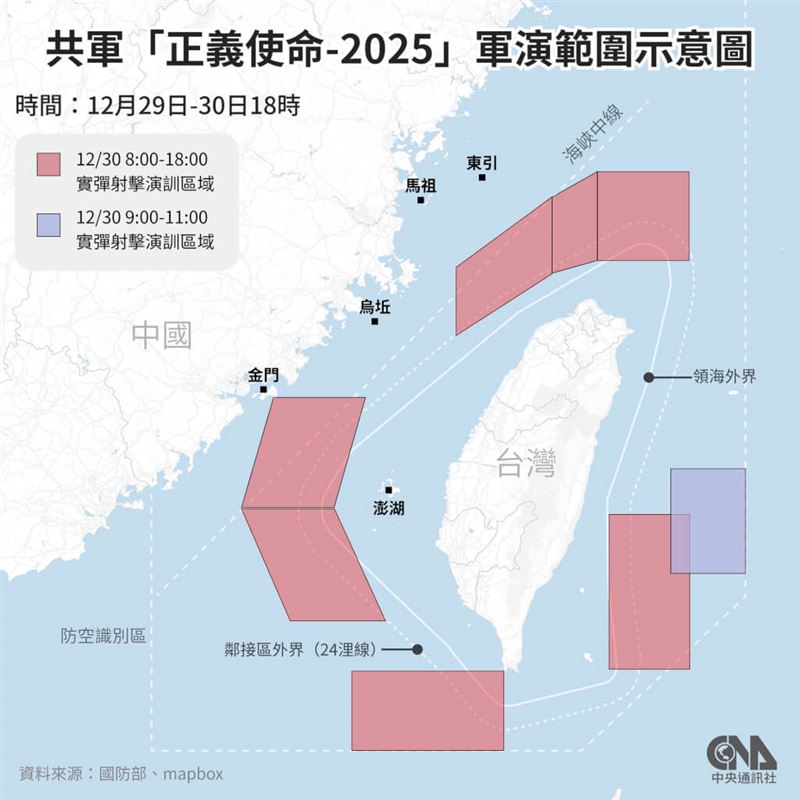 共軍東部戰區宣布，30日下午將對台灣島南部相關海域實施組織實彈射擊。（中央社製圖）
