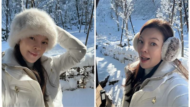 曾馨瑩在雪地裡自拍，表情豐富。（翻攝曾馨瑩IG）