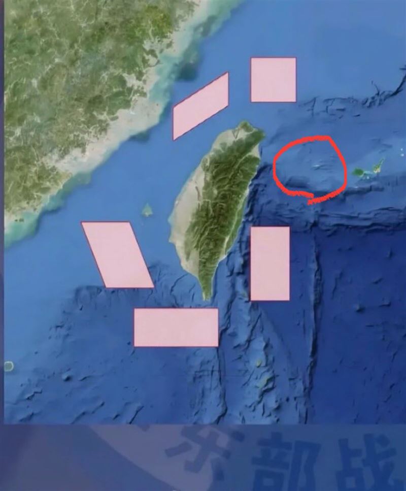 中共舉行環台軍演，粉紅色為其演訓區域，打圈處即為日本最西端的與那國島。（圖／翻攝自X平台 @OttoHuang120）