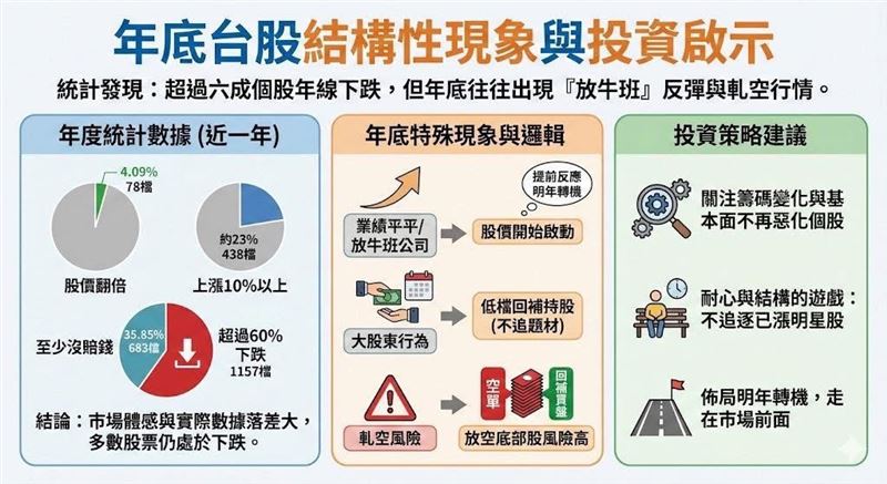 萬鈞法人視野認為，年底的台股，從來就不是在選「今年誰最好」，而是在重新洗牌「明年誰還活著、誰有翻身的可能」。當六成股票一年下來都在下跌，市場其實已經默默替很多壞消息打了折扣，剩下的，只是等待一個重新定價的理由。。（圖／翻攝萬鈞法人視野）