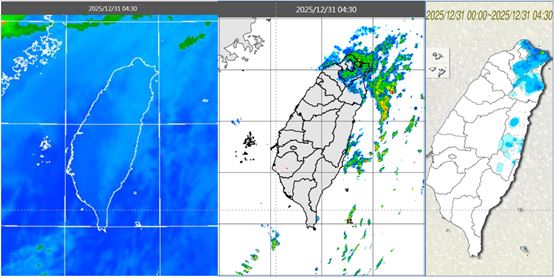 今晨4:30紅外線雲圖顯示，北部、東北部低雲籠罩(左)。雷達回波合成圖顯示，雲層伴隨降水回波(中)。累積雨量顯示，北部、東北部局部降雨，花蓮有零星降雨(右)