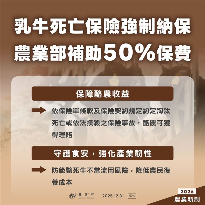 乳牛死亡保險強制納保，農業部補助50%保費。（圖／農業部提供）