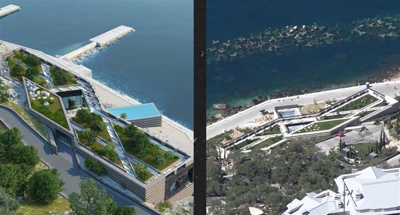 普丁別墅頂樓似乎有一座空中公園，左圖為基金會的示意圖，右圖為空拍圖。（圖／翻攝畫面）