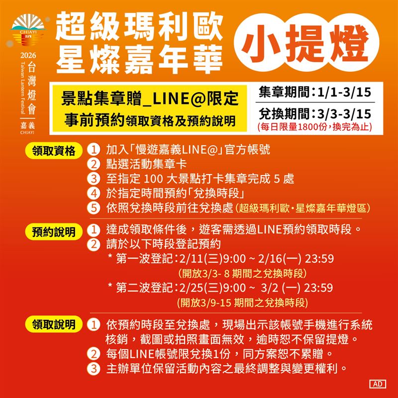 「2026台灣燈會 × 超級瑪利歐・星燦嘉年華」？磚塊造型的限量小提燈，旅遊集章及住宿贈預約方式大公開。（圖／嘉義縣政府提供）