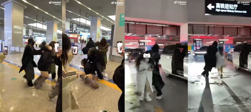 靈超在高鐵站當眾抓粉絲頭摔手機畫面瘋傳。（圖／翻攝自微博）