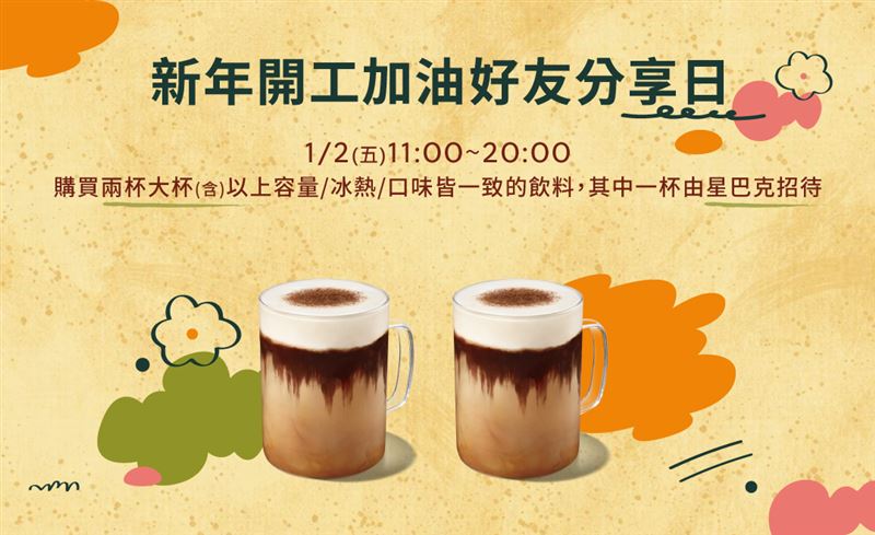 星巴克1月2日大杯飲品買1送1。(圖／翻攝自星巴克官網）