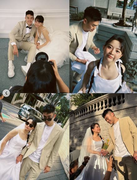 陳詩媛分享多張未曝光婚紗照，其中不乏有兩人「搞怪」。（圖／翻攝自IG@10yuan.0424）