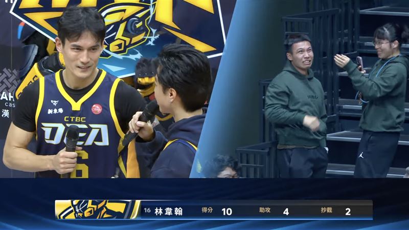TPBL跨年大戰，中信特攻後衛林韋翰拿下單場MVP，他的防護員林冠綸感動落淚。（圖／翻攝自TPBL TV）