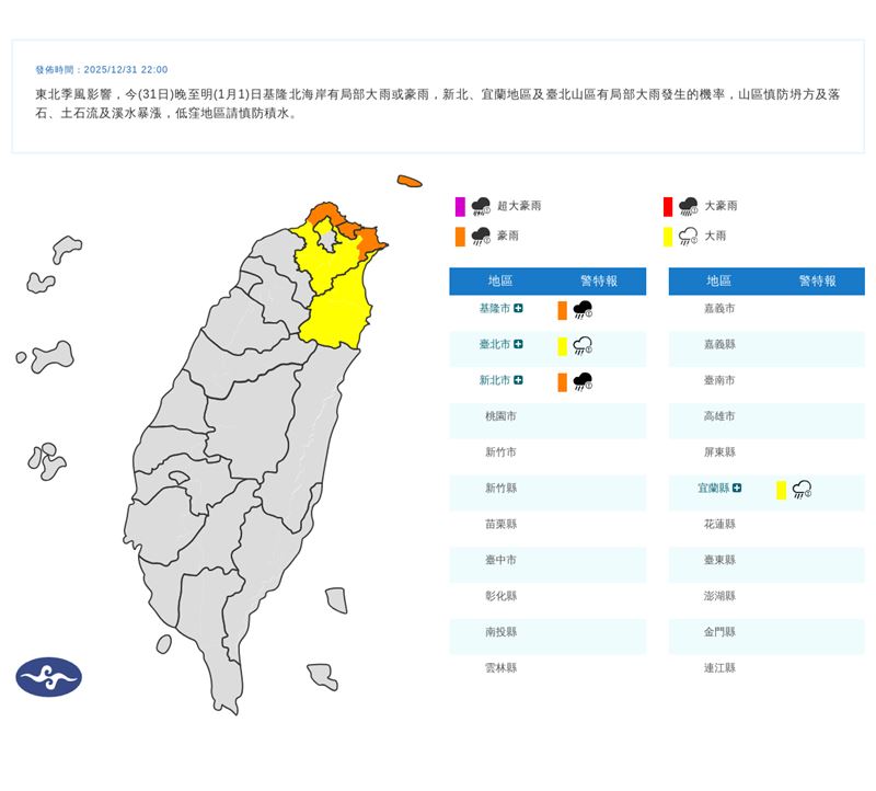 中央氣象署針對4縣市發布豪、大雨特報。（圖／中央氣象署）