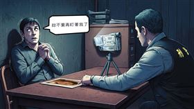 刑警一句「你要老實講啊！死者生氣了！」成功突破共犯沈男心防，也讓原本無法運作的攝影器材恢復正常。（AI繪圖Adobe Firefly生成，本刊美術組後製）