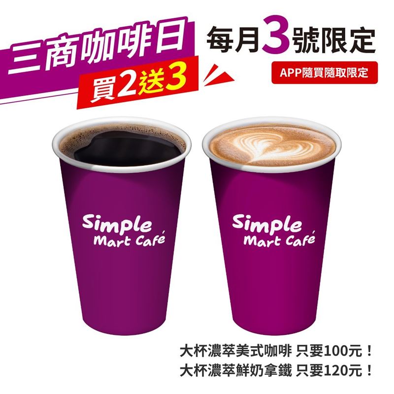 每月3號限定三商咖啡日，濃萃美式買2送3只要100元（一杯20元），濃萃鮮奶拿鐵買2送3只要120元。（圖／品牌業者提供）