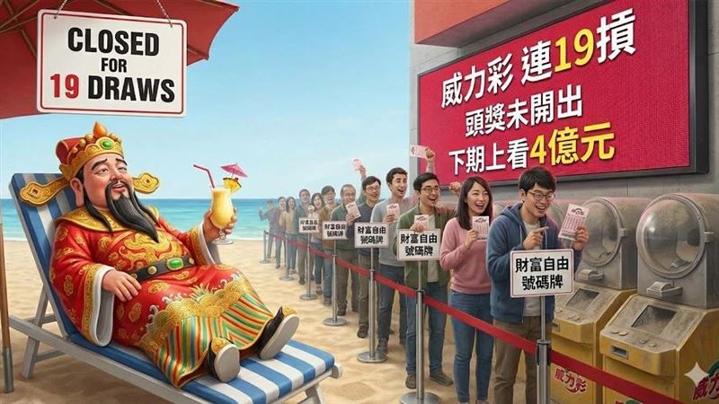 元旦財神沒敲門!威力彩1日頭獎未開出,已邁入「連19摃」。台彩預估,隨著買氣回溫,累積獎金持續狂飆,下周一(1/5)開獎當天頭獎將上看4億元,想離職這次別錯過。(AI製圖)