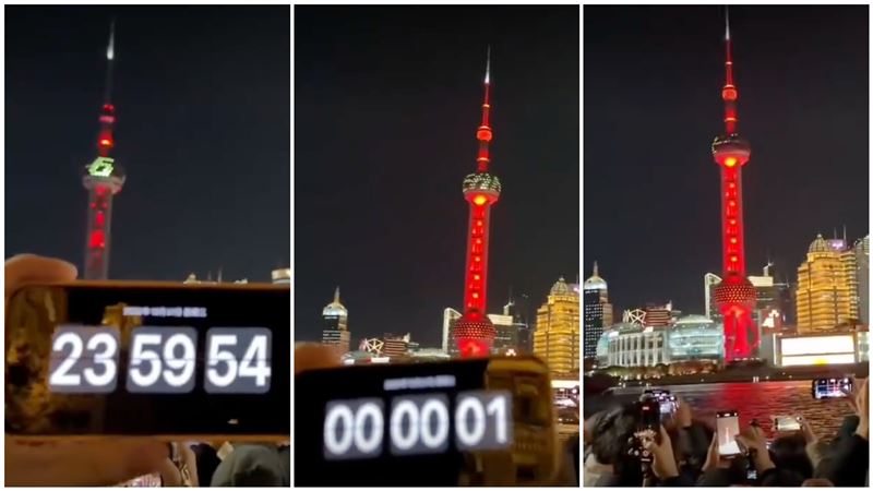 上海人不死心聚集外灘「倒數54321」,下秒全場一陣尷尬。(圖/翻攝自Threads)