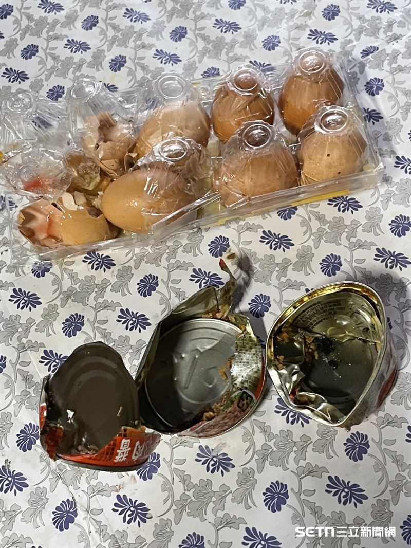 這隻臺灣黑熊闖入工寮後，不僅將堅固的罐頭逐一破開吃光，連脆弱的雞蛋盒也難逃「熊掌」摧殘。這幅杯盤狼藉的畫面，正是黑熊入室翻找食物的最直接證物，也提醒著山區居民，人類的美味存糧對野生動物而言是極大的誘惑，務必落實食物收納，避免誘發人熊衝突。（圖／林業及自然保育署嘉義分署授權提供）