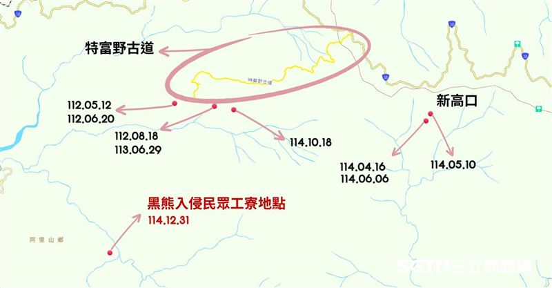 原來黑熊離我們這麼近！根據嘉義分署提供的點位圖顯示，本次發生入侵事件的工寮，與過去黑熊出沒點的最短直線距離竟然不到4公里（僅3.8公里）。這項數據說明了森林主人「逛街」的範圍正悄悄擴張，也解釋了為何黑熊會首度現蹤達邦工寮。（圖／林業及自然保育署嘉義分署授權提供）