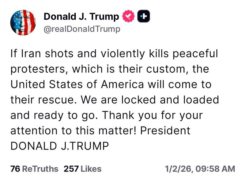 美國總統川普放話對伊朗採取軍事行動的貼文。（圖／翻攝自X平台 @AmitSegal）