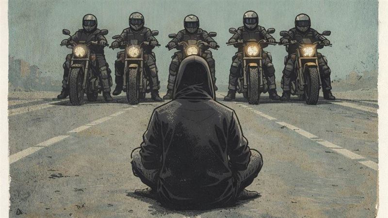 伊朗示威潮中，一名兜帽男子隻身阻擋軍警部隊的身影，在社群上被加工成支持反政府行動的海報。（圖／翻攝自X平台 @fightforpersia）