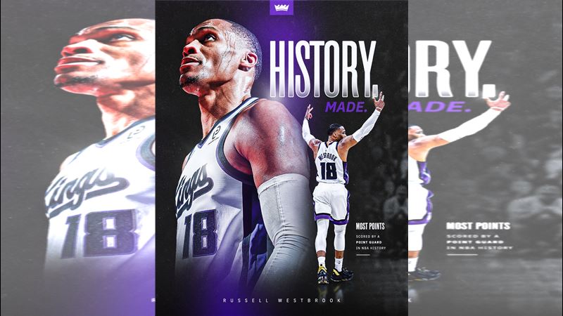 威斯布魯克（Russell Westbrook）成為NBA史上得分最多的後衛。（圖／翻攝自國王推特）