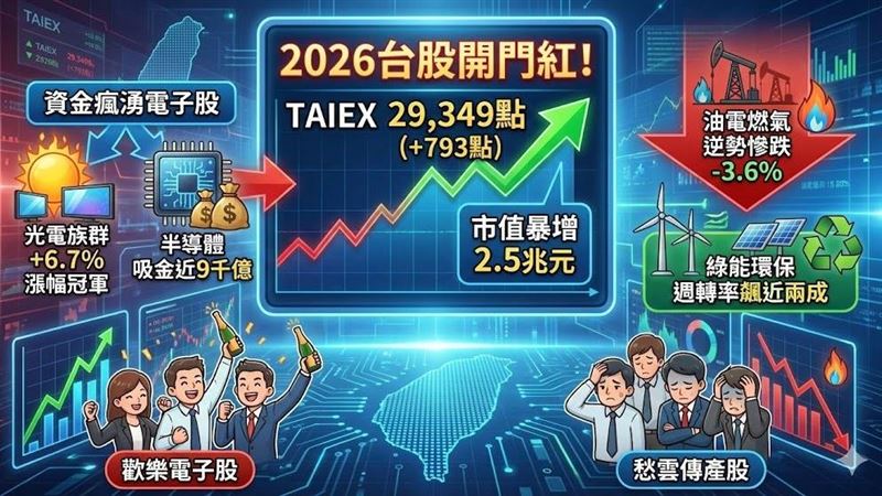 2026台股開門紅!加權指數週漲近800點,市值暴增2.5兆元。資金瘋狂湧入電子股,「這族群」單週狂噴6.7%奪下漲幅冠軍,半導體更吸金近9千億;反觀油電燃氣類逆勢慘跌。綠能環保週轉率飆近兩成,成為市場最熱門炒作標的,投資人幾家歡樂幾家愁。(AI製圖)