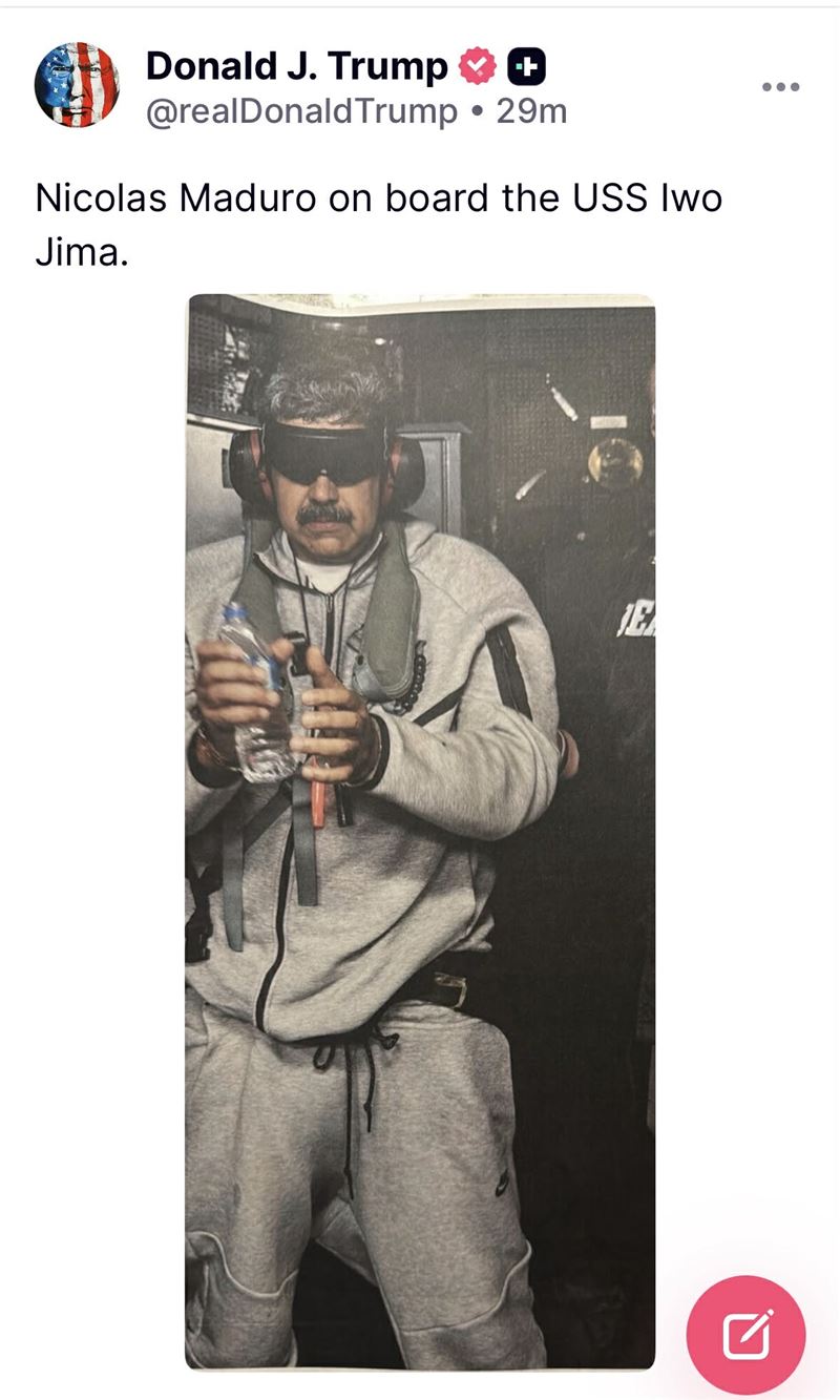 美國總統川普公布委內瑞拉總統馬杜洛遭逮捕後的照片。（圖／翻攝自川普Truth Social帳號）