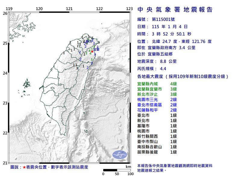 4日凌晨3點52分，發生芮氏規模4.4有感地震。（圖／中央氣象署）