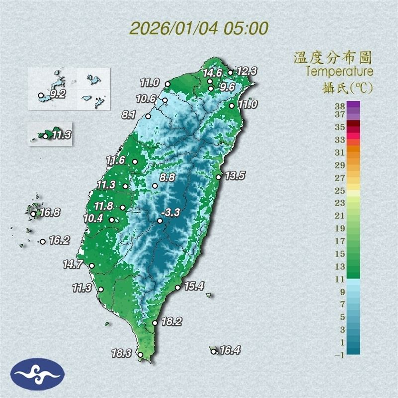 受到強烈大陸冷氣團及輻射冷卻影響，今晨18縣市低溫特報、全台凍番薯。（圖／翻攝自中央氣象署）